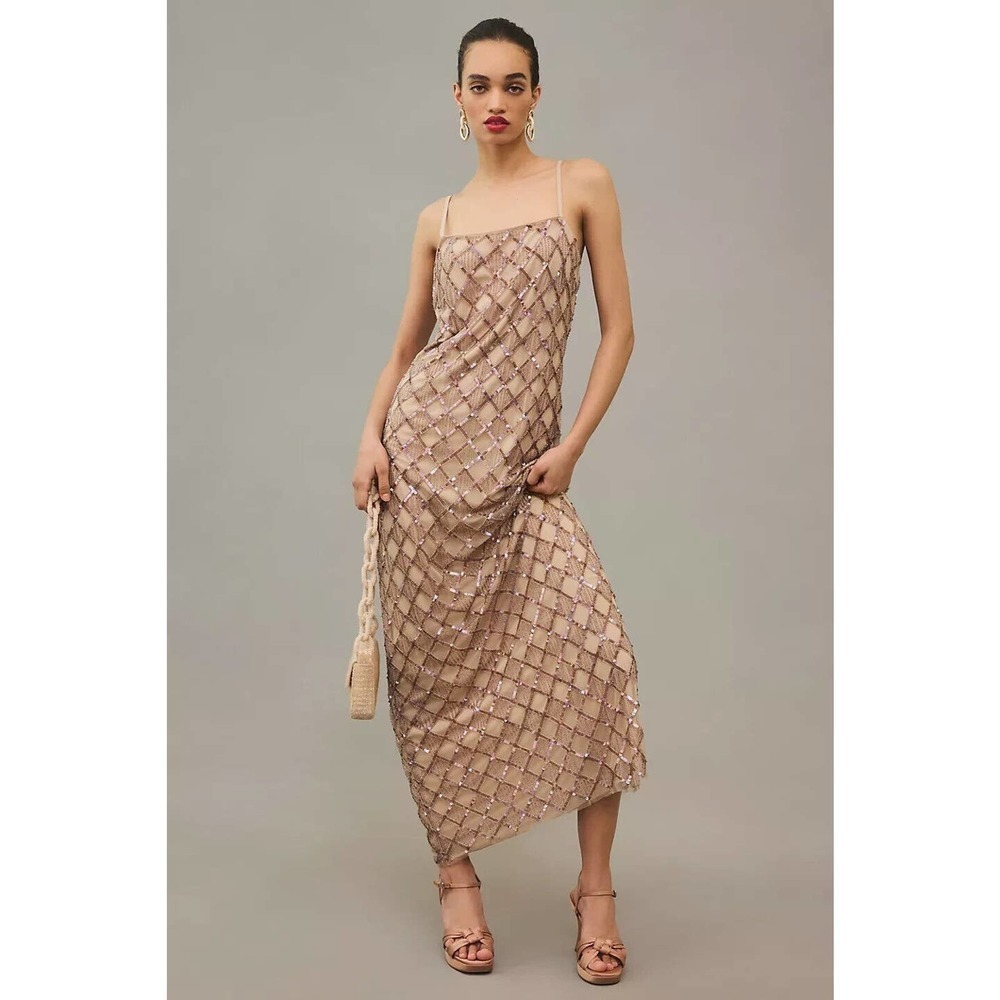 NWD Anthropologie Let Me Be Checked Shine Embellished Dress Size L Mauve
